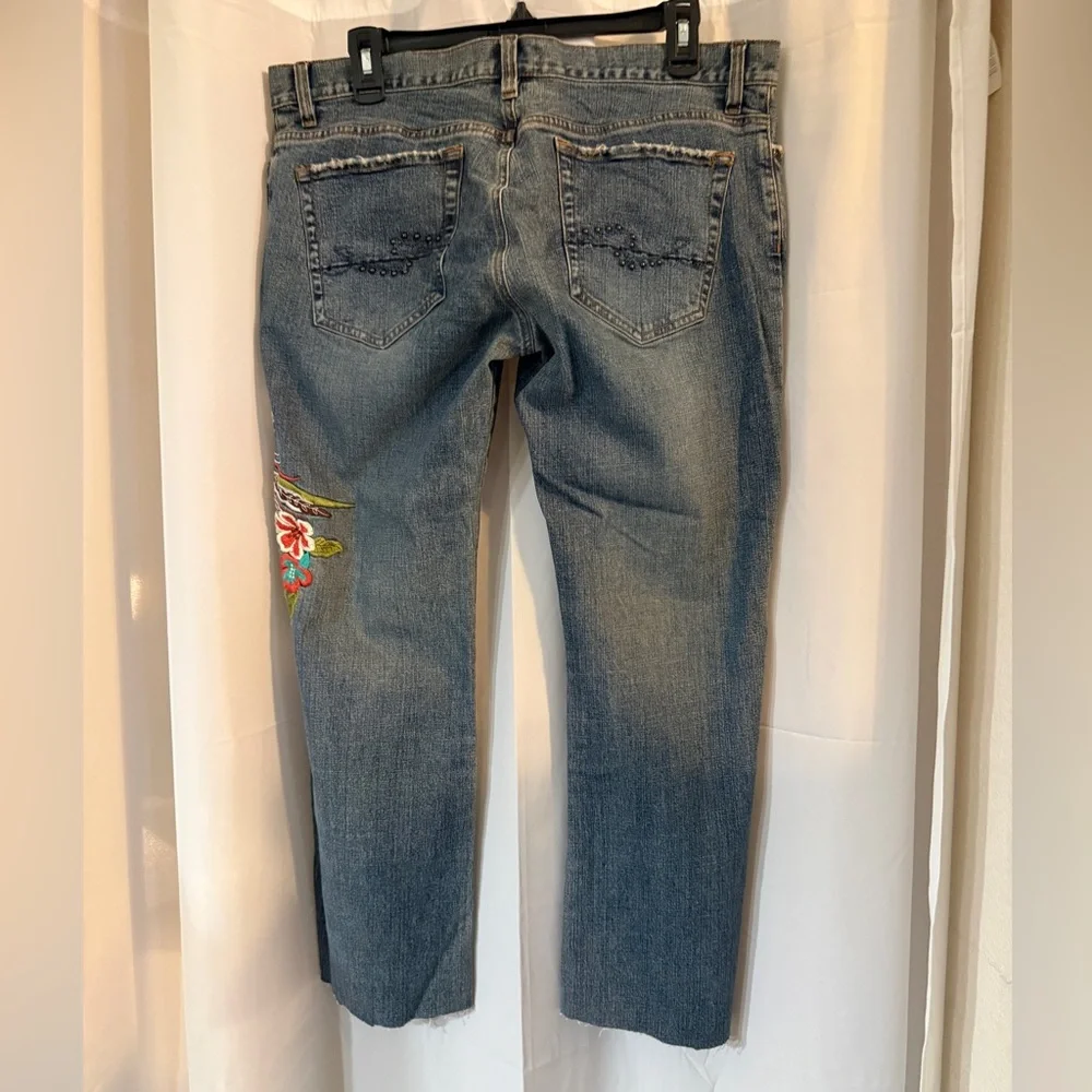 Y2K Embroidered Phoenix Low Rise Jeans 14 | Floral Bird Denim | Raw Hem | - Picture 10 of 16